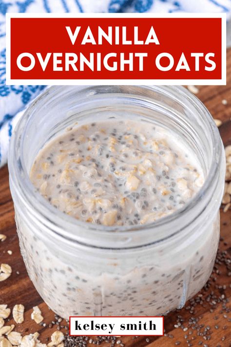 Vanilla overnight oats are the perfect basic overnight oatmeal recipe. Top with your favorite fruits, nut butter, granola, or nuts. This is a great breakfast idea for people who enjoy meal prep. You can make jars of overnight oats on Sunday night and have an easy, healthy breakfast ready all week. Old fashioned oats are a gluten-free whole grain and are a good source of dietary fiber. Plus, chia seeds are high in fiber and omega-3 fatty acids. Basic Overnight Oats Recipe No Yogurt, Overnight Chia Oatmeal, Instant Oatmeal Overnight Oats, Basic Overnight Oats, Basic Overnight Oats Recipe, Oatmeal Overnight, Vanilla Overnight Oats, Overnight Oats In A Jar, Night Oats