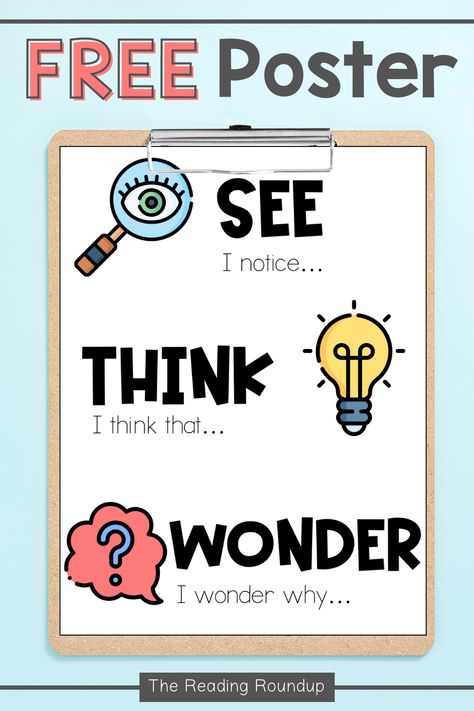 The See, Think, Wonder strategy can significantly improve students' ability to think critically about the text. As a result, their reading comprehension will also improve. But what is the See Think Wonder reading strategy and how can you use it with your students? This guide will help you get started with implementing this highly effective and engaging strategy with your elementary students. Be sure to download the FREE See Think Wonder anchor chart and graphic organizer! Reading Strategies Posters Free, See Think Wonder, Visual Thinking Strategies, Reading Is Thinking, Reading Strategies Posters, Teaching Comprehension, Reading Wonders, Reading Strategy, Reading Anchor Charts