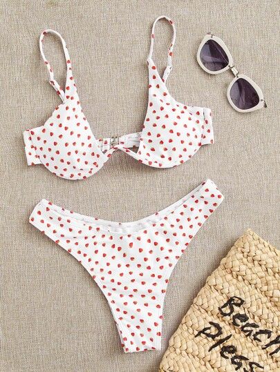 Red And White Pattern, White Strawberry, White Bikinis, Strawberry Print, Affiliate Links, Chest Pad, High Cut, White Patterns, Women Swimsuits