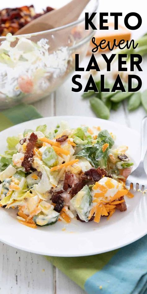 This keto friendly 7 Layer Salad recipe is packed with so many delicious flavors. It's a fabulous addition to potlucks and parties and makes a great low carb side dish. 7 Layer Salad Recipe, Low Carb High Protein Meals, Low Carb Side Dish, 7 Layer Salad, Layer Salad, Seven Layer Salad, High Protein Meals, Layered Salad Recipes, Low Carb High Protein