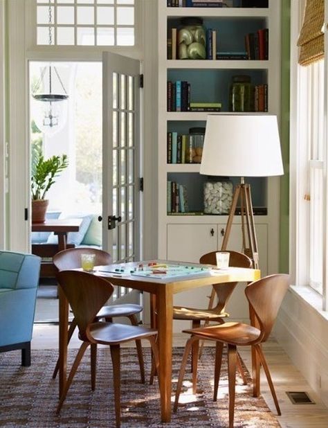 Game Table in Living Room Cottage Family Room, Game Table And Chairs, French Doors Bedroom, Cottage Chairs, Design Fireplace, Interior Design Portfolios, Bedroom Wall Colors, Furniture Placement, Game Table