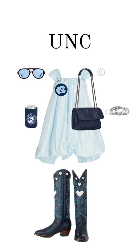 UNC game day fit inspo #ootd #ootdinspo #fitinspo #styleboard #styleinspo #stylist #outfitideas #fitcheck #fitspo #gameday #gamedayfit #gamedayoutfit #unc #tarheels #northcarolina #football Unc Tailgate Outfit, Unc Football Game Outfit, Unc Gameday Outfit, Unc Game Day Outfit, Unc Game Day, Denim Gameday Outfit, Blue Game Day Outfit College, Rush Week Outfits, Rush Week