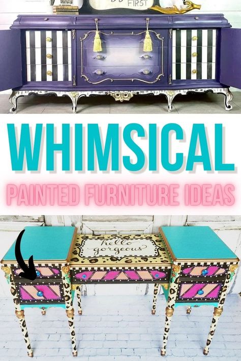 If you’re looking for a way to give your home an eclectic, unique look, then look no further than whimsical painted furniture ideas! This type of decorating is all about expressing personality in the most creative ways possible. How To Paint Whimsical Furniture, Whimsical Furniture Painting Ideas, Desk Painting Ideas Creative, Whimsical Painted Furniture Ideas, Indy Room, Unique Furniture Painting, Decoupaged Furniture, Eclectic Paintings, Painted Furniture For Sale