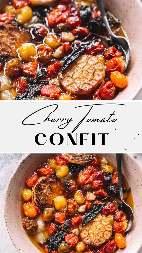 cherry tomato confit with garlic and shallots in a bowl. Predinner Snacks, Savory Croissant, Cherry Tomato Confit, Tomatoes In Olive Oil, Roasted Tomato Recipes, Croissant Sandwiches, Antipasto Appetizer, Tomato Appetizers, Tomato Confit