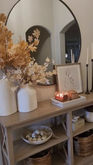 Fall Decor Round Mirror, Home Goods Fall 2023, Entry Table Decor Fall, Entryway Table Fall Decor Ideas, Fall Mirror Decor, Entryway Table Fall Decor, Fall Home Decor Minimalist, Fall Tv Console Decor, Console Table Fall Decor