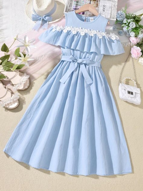 Blue Cute Collar Short Sleeve Polyester Plain A Line Embellished Non-Stretch  Tween Girls Clothing Casual Short Dresses For Women, Dress Outfits Party, Shein Kids, Bleu Azur, Pretty Quinceanera Dresses, Girls Blue Dress, Cute Dress Outfits, Blue Cute, Fashionista Clothes