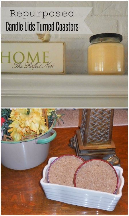 Repurposed Candle Lids Turned Coasters-DIY Inspired Repurpose Candle Jars, Candle Lids, Candle Repurpose, Candle Jar Lids, Candle Upcycle, Coasters Diy, Candle Lid, Candle Projects, Diy Candle Holders