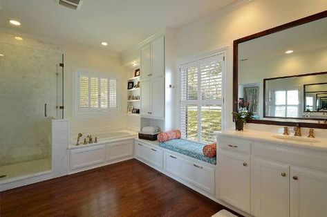 For under the window? Bathroom Under Window, Bathroom Storage Bench, Corner Bench With Storage, Contemporary Powder Room, Built In Window Seat, Dark Wood Floor, Tub Remodel, Shower Backsplash, White Marble Bathrooms