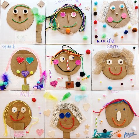 Riverside Art Studio on Instagram: “This is my favorite project from last week. Mixed media portrait collages. I made these with kids ages 4-8 and I love how they came out!…” Self Portrait Crafts For Kids, Face Activities For Kids, Collage Crafts For Kids, Self Portrait For Kids, Self Portrait Activity, Collage Face, Self Portrait Kids, Face Collage, Diy Preschool