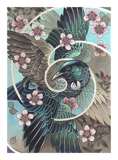 https://www.printcult.com/products/prints/ds-tui-with-manuka-flowers Tattoo Japonais, Japanese Tattoo Designs, Desenho Tattoo, Japanese Tattoo Art, Arte Inspo, Bird Drawings, Japanese Tattoo, Chinese Art, Bird Art