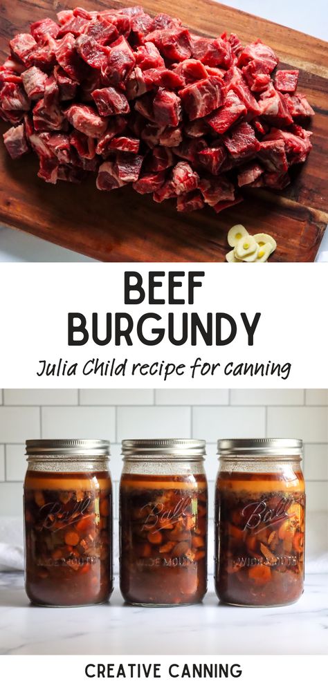 Explore the art of Canning Meals in Jars with a French touch – the exquisite beef burgundy. Inspired by Julia Child, it's a luxurious blend of dry red wine, chuck roast, and bacon. A savory treasure that's perfect for canning and cherishing on cozy nights. Red Wine Chuck Roast, Meals In Jars, Canning Beef Stew, Canning Beef, Canning Meals, Beef Burgundy, Pressure Canning Recipes, Julia Child Recipes, Home Canning Recipes