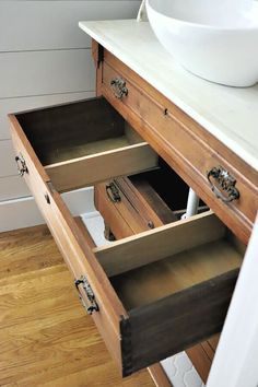 Making A Vanity Out Of A Dresser, Refurbished Bathroom Vanity, Unique Bathroom Vanity Ideas, Dresser Sink Vanity, Washstand Makeover, Dresser Sink, Vintage Bathroom Vanities, Cloakroom Sink, Dresser Vanity Bathroom