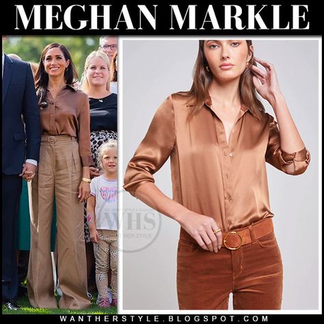 Meghan Markle in brown satin L'agence Dani blouse, wide leg pants and brown pumps manolo blahnik Fashion Boards, Manolo Blahnik Pumps, Brown Pumps, Meghan Markle Style, Style Finder, Brown Satin, Brown Pants, Satin Blouse, Winter 2023