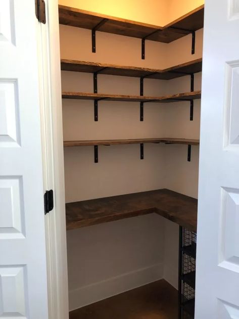 Wood Pantry Shelving, Finished Pantry, Nuvo Cabinet Paint, Countertop Brackets, New Home Build, Dry Stack Stone, Weck Jars, Build A Table, Custom Pantry