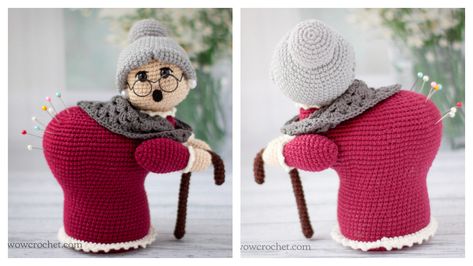 Granny Pin Cushion, Grandma Crochet Pattern, Crochet Grandma Doll Free Pattern, Crochet Pin Cushion Pattern Free, Crochet Pin Cushion, Grandma Crochet, Granny Dolls, Cushion Crochet Pattern, Crochet Grandma