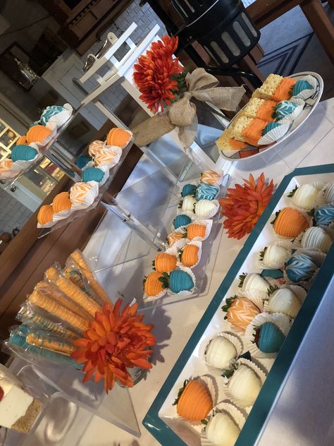 Orange And Teal Birthday Decorations, Teal And Burnt Orange Table Setting, Blue And Orange Dessert Table, Dark Teal And Rust Orange Wedding Table, Orange And Teal Birthday Party, Burnt Orange And Teal Wedding Decor, Teal And Orange Wedding Cake, Orange And Teal Wedding, Teal And Orange Wedding