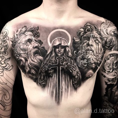 Mad Max Tattoo, Full Chest Tattoos, Torso Tattoos, Cool Chest Tattoos, Neck Tattoo For Guys, Angel Tattoo Designs, Religious Tattoos, Chest Piece Tattoos, Metal Tattoo