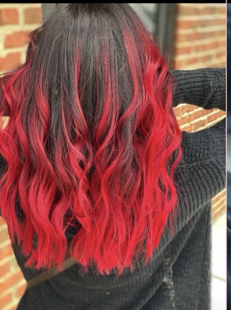 Fire Red Balayage Hair, Bright Red Balayage Hair Brunettes, Brown Hair With Bright Red Highlights, Red Color Melt Hair, Bright Red Highlights In Brown Hair, Fire Red Hair Color, Bright Red Balayage Hair, Vibrant Red Highlights, Bright Red Hair Dye