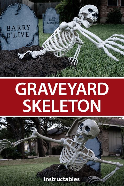 With spray foam and fake skeletons, you can easily make a collection of skeletons trying to escape from their graves. #Instructables #Halloween #decoration #yard #outdoors #graveyard #cemetery Grave Halloween Decorations, Cemetary Halloween Ideas, Halloween 2023 Outdoor Decor, Cemetery Halloween Ideas, Homemade Gravestones, Halloween Graveyard Ideas Diy Front Yard, Cemetery Decorations Halloween, Grave Yard Halloween Decorations, Halloween Cemetery Ideas Front Yards