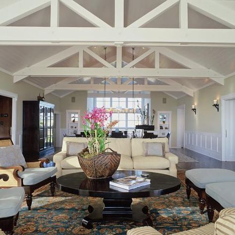 open, bright Ceiling Makeover, Painted Beams, Beach Style Living Room, Beach Theme Living Room, Rustic Dining Furniture, Beachfront Decor, White Beams, Beach Living Room, Wood Beam Ceiling