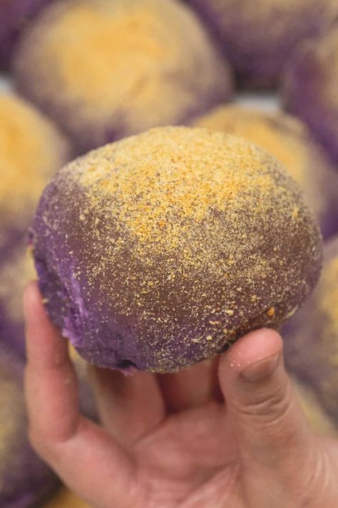 Ube Cheese Pandesal Recipe - Recipes by Nora Cheese Pandesal Recipe, Ube Cheese Pandesal, Filipino Sweets, Filipino Bread, Pandesal Recipe, Ube Halaya, Purple Food Coloring, Bread Soft, Purple Food