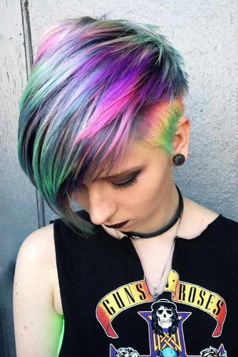 Rainbow Hair Styles To Look Like A Unicorn ★ See more: http://glaminati.com/rainbow-hair/ Pastel Rainbow Hair, Pulp Riot Hair Color, Short Sassy Haircuts, Rainbow Hair Color, Bright Hair Colors, Short Brown Hair, Pixie Hair, Short Hair Color, Colored Hair