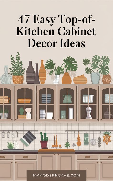 Do you have an empty gap above your kitchen cabinets? Let’s turn that into a gorgeous design opportunity! Check out 47 creative ways to style this often-ignored space. Incorporate lush plants for a pop of greenery, display charming vintage finds, or use stylish storage baskets to blend beauty with practicality. This collection offers decorating ideas for every style, from rustic farmhouse to contemporary chic, so you can make your kitchen feel personalized and polished. Farmhouse Decor Kitchen Cabinets, Ideas To Decorate Top Of Kitchen Cabinets, Kitchen Decor With Wood Cabinets, What To Do With Open Space Above Kitchen Cabinets, Kitchen Cabinet Wall Ideas, Top Of Cabinet Storage Kitchen, What To Store In Cabinets Above Stove, Vases Above Kitchen Cabinets, Space On Top Of Kitchen Cabinets