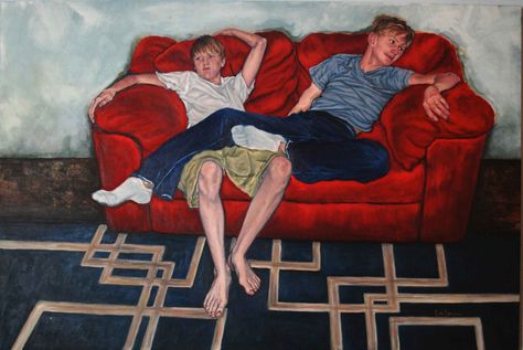 Couch Culture Series: ‘Brothers' Acrylics on Canvas By Deb Larson *I never tire of watching my boys. They are an on-going source of wonder. The way they are sitting says a lot about their relationship and individual characters even to this day. In this painting I am experimenting with paint application and broken brushwork So begins the couch culture series - snapshots of people relaxing. Two People Sitting On Couch Reference, Two People Sitting On A Couch Drawing Reference, Couch Art Reference, Person Slouching In Chair, Couple On Couch Reference, Sitting Upside Down On Couch, Two People On Couch Reference, People Sitting On Couch Reference, People On Couch Reference