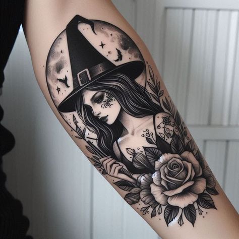 Witch Women Tattoo, Pretty Witch Tattoo, Witchy Leg Tattoos Women, Halloween Upper Arm Tattoo, Horned Woman Tattoo, Cauldron Tattoo Ideas, Pinup Witch Tattoo, Dark Witch Tattoo, Witch Tattoos For Women