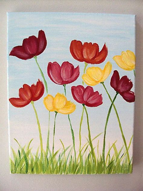 Flores en acrilicos Poppies Flower, Spring Canvas, Easy Flower Painting, Wine And Canvas, Painting Party, Paint Night, Easy Canvas Painting, Spring Painting, Cat Air