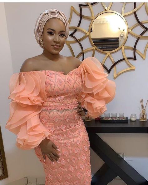 Peach Outfit, Aso Ebi Lace Styles, African Wedding Attire, African Lace Styles, Lace Gown Styles, Lace Dress Styles, African Wear Dresses, African Lace Dresses, Gown Styles