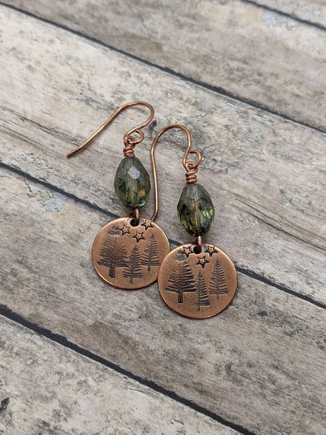 Copper Earrings Woodland Restful Gifts, Impressart Jewelry Ideas, Metal Stamped Earrings, Sheet Metal Earrings, Stamped Jewelry Ideas, Diy Metal Earrings, Sheet Metal Jewelry, Metal Stamping Ideas, Cooper Jewelry