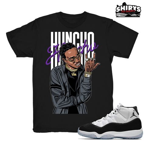 "Air Jordan 11 shirts to match the Retro Jordan 11 Concord 2018 Holiday sneaker release.  \"Huncho\" - Shirt Design by Shirts4Sneakers. * Please note that the sneaker DOES NOT come with the t-shirt. [The sneaker is only intended to show the sneaker match] * Please allow 4-5 business days for handling time. * 6.0oz - 100% Pre Shrunk Cotton - Gildan Tee * All shirts are made to order with high-quality direct to garment print. * For sizing please refer to our sizing chart. POSITIVE Feedback is impo Jordan 4 Cool Grey, Air Jordan 1 Court Purple, Air Jordan 1 Fearless, Jordan 1 Mocha, Jordan 1 Court Purple, Jordan 1 Fearless, Green Craft, Retro 11, Graphic Tee Outfits