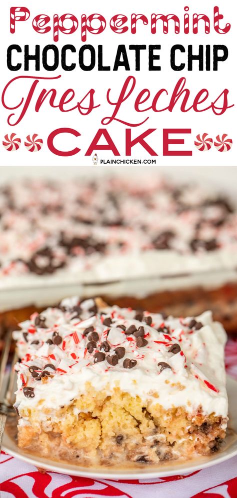 Peppermint Chocolate Chip Tres Leches Cake Christmas Dinner Desserts, Desserts For Parties, Desserts With Chocolate Chips, Peppermint Recipes, Peppermint Cake, Peppermint Chocolate, Leches Cake, Plain Chicken, Candy Cakes