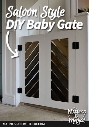 This rustic saloon style DIY baby gate is the perfect solution to prevent baby from going up the stairs when you don't have a lot of door swing space. Half Door Ideas, Diy Saloon Doors, Indoor Pet Gate, Dog Gates Indoor, Barn Door Baby Gate, Diy Dog Gate, Baby Gate For Stairs, Diy Baby Gate, Pet Gates