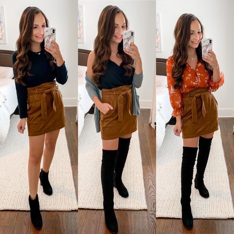 Paper Bag Skirt Outfit, Brown Suede Skirt Outfit, Suede Skirt Outfit Fall, Brown Mini Skirt Outfit, Brown Leather Skirt Outfit, Suede Skirt Outfit, Paperbag Skirt, High Waisted Skirt Outfit, Paper Bag Skirt