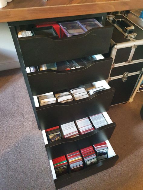 3hrs work to convert my alex drawers into card storage, segmented into colours and sets. Makes it easier for playing on spell table and researching for deck ideas! : r/mtg Collectors Room Ideas, Baseball Cards Storage, Sports Cards Storage, Hobby Organization, Trading Card Display, Dnd Room, Alex Drawers, Nerd Room, Trading Card Storage