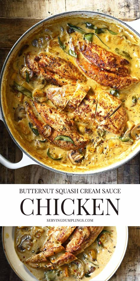 Butternut Squash Dinner Recipes, Butternut Squash Dinner, Chicken Squash, Mushroom Cream Sauce, Butternut Squash Sauce, Winter Foods, Butternut Squash Ravioli, Mushroom Cream Sauces, Chicken And Butternut Squash