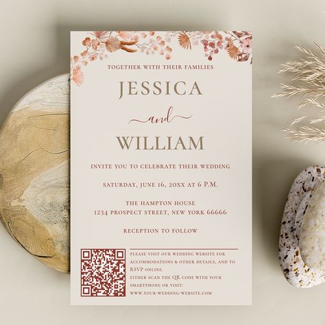 The invitation captures the essence of bohemian style with natural elements, intricate details and a romantic feel, creating a warm and inviting atmosphere for your wedding day. The invitation includes a QR code that allows guests to easily access your wedding information online, including the date, time, location and RSVP information. Using a QR code is also a convenient and innovative way to make wedding planning easier and more efficient. you can enter your website URL and generate a QR code Innovative Wedding Invitations, Qr Code Wedding Invitations, Wedding Invitations With Qr Code, Bohemian Wedding Stationery, Qr Code Invitation, Invitation Card Ideas, Bohemian Wedding Invitation, Bohemian Wedding Invitations, Easy Wedding Planning