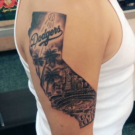 Dodger Stadium Tattoo, Dodgers Stadium Tattoo, Hollywood Tattoo Ideas, La Dodgers Tattoo, Dodger Tattoo, Dodgers Tattoo, Los Angeles Dodgers Tattoo, Vegas Tattoos, California Tattoos