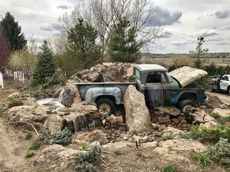 Truck Fountain, Truck Waterfall, Backyard Fireplace Patio, Acreage Landscaping, Backyard Water Fountains, Pondless Water Features, Truck Decor, Outdoor Water Feature, Paw Paws