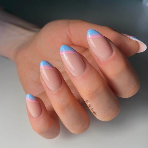 Pink Blue French Nails, Pink And Blue Nails French Tip, Gender Reveal Nails French Tip, Gender Reveal Dip Nails, Nails For Gender Reveal Party, Pink And Blue French Nails, Subtle Gender Reveal Nails, Baby Pink And Blue Nails, Short Gender Reveal Nails