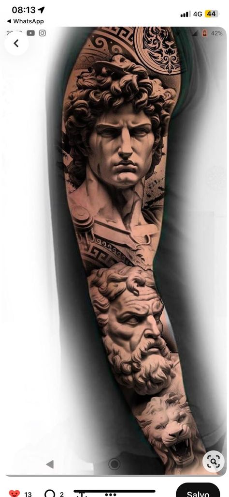 Parthenon Tattoo, Greek Tattoo Sleeve, Alexander The Great Tattoo, Greek Mythology Sleeve, Perseus Tattoo, Statue Tattoo Design, Greek Statue Tattoo, Greek Tattoo Design, Greece Tattoo