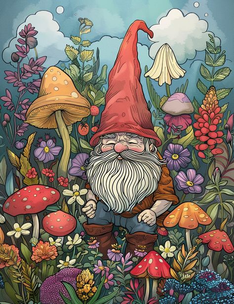 The "Gnome Garden" coloring book invites you to embark on a delightful journey into the enchanting world of gnomes and their whimsical gardens. Garden Gnome Painting, Garden Gnome Drawing, Gnome Coloring Pages, Chalk Art Festival, Fairy Garden Art, David The Gnome, Gnome Paint, Garden Coloring, Gardens Coloring Book