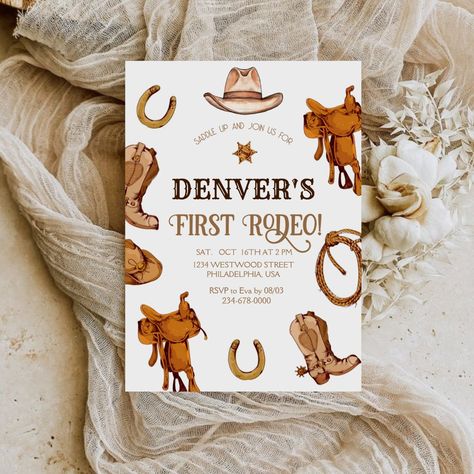 Wester First Rodeo Wild West Cowboy Birthday Party Invitation Boots With Spurs, Cowboy Birthday Party Invitations, Kids Birthday Invitation Card, Birthday Party Elegant, First Rodeo Birthday, Cowboy Accessories, Wild West Theme, Invitation Card Birthday, Cowboy Birthday Party