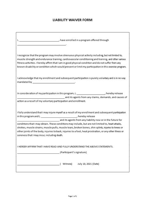 Waivers of Responsibility Forms are used extensively in many places to release each other from possible liability. Use and download this template now. Liability Waiver Form, Liability Waiver, Form Example, Business Letter, Financial Instrument, Business Templates, Fitness Activities, What You Can Do, Business Template