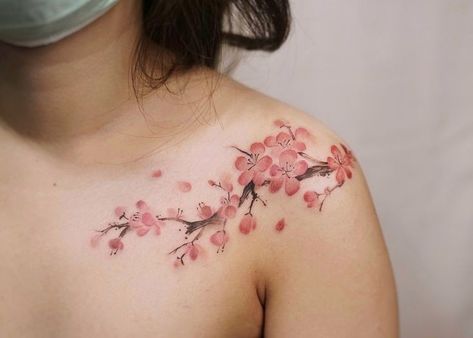 Cherry Blossom Branch Tattoo Arm, Tree Branch Shoulder Tattoo, Cherry Blossom Tattoo Collar Bone, Cherry Blossom Chest Tattoo, Sakura Branch Tattoo, Cherry Blossom Tattoo Forearm, Womens Shoulder Tattoo Ideas, Cherry Blossom Shoulder Tattoo, Tattoo Designs Fine Line