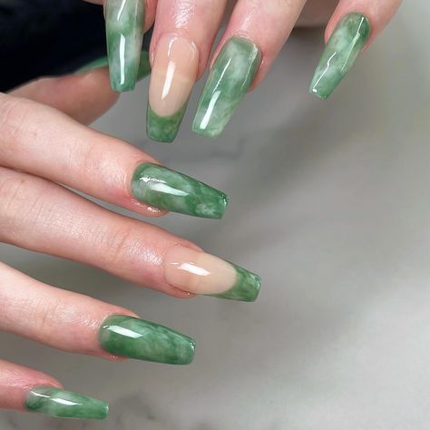 Green Jade French 🌿 client’s request on a Medium Coffin Gelx inspo unknown, pls tag if you know 🧚🏻 #nailinspo #naildesign #coffinnails #frenchnails #vancouvernails #nailart #marblenails Nails Green Blue, Jade Green Nails, Snake Nails, Jade Nails, Medium Coffin, Cuticle Care, Nails Green, Cute Nail Art Designs, Cute Nail Art