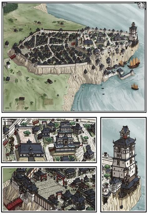 Asian City, Fantasy City Map, Fantasy Town, Fantasy World Map, Rpg Map, Location Inspiration, D D Maps, Fantasy City, Fantasy Castle