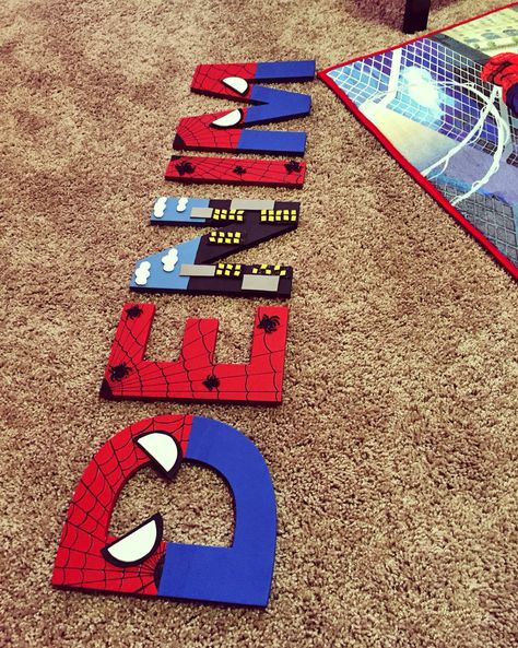 Spiderman letters                                                                                                                                                      More Spiderman Diy Party Decorations, Spider Man Letters Diy, Spiderman Letters Diy, Birthday Spiderman Decoration, Spiderman Party Decor, Spider Man Letters, Spiderman Decorations Birthdays, Spiderman Theme Party Decoration, Diy Spiderman Birthday Party